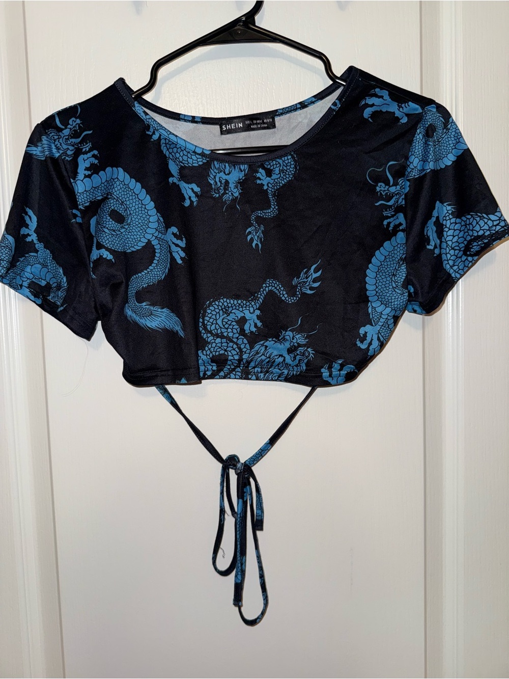 Black Crop Top with Blue Dragon Print and Front Tie